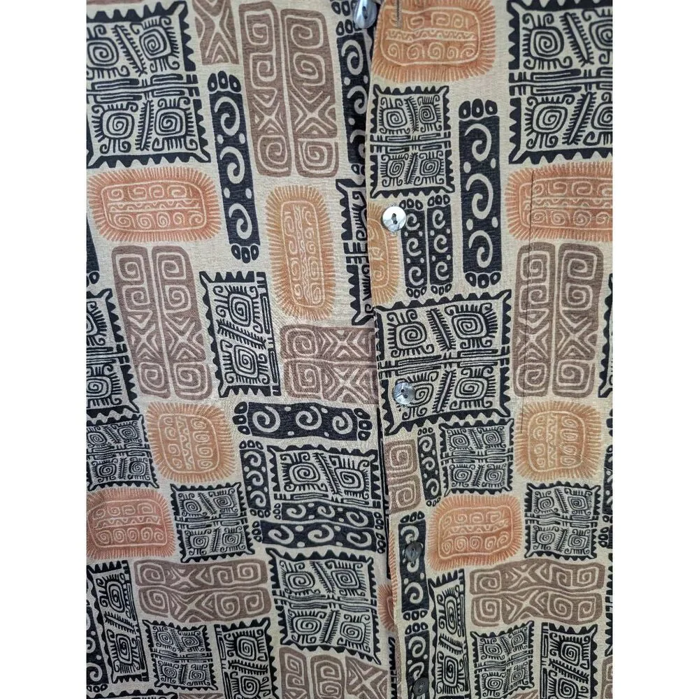 Tori Richard Hawaiian tiki beige tan black cotton button down shirt M USA